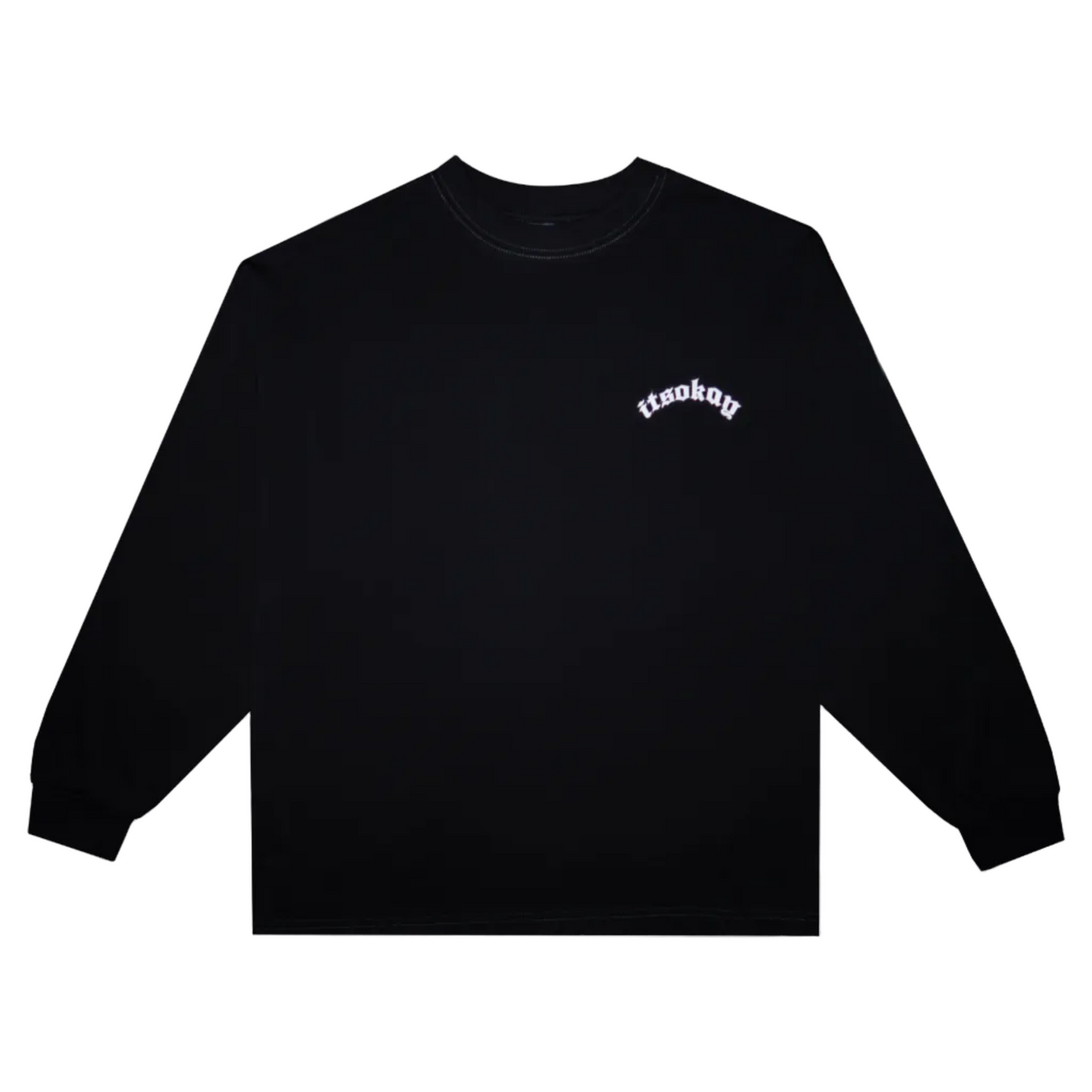 Black sweatshirt with a logo on the chest itsokay against a white background
