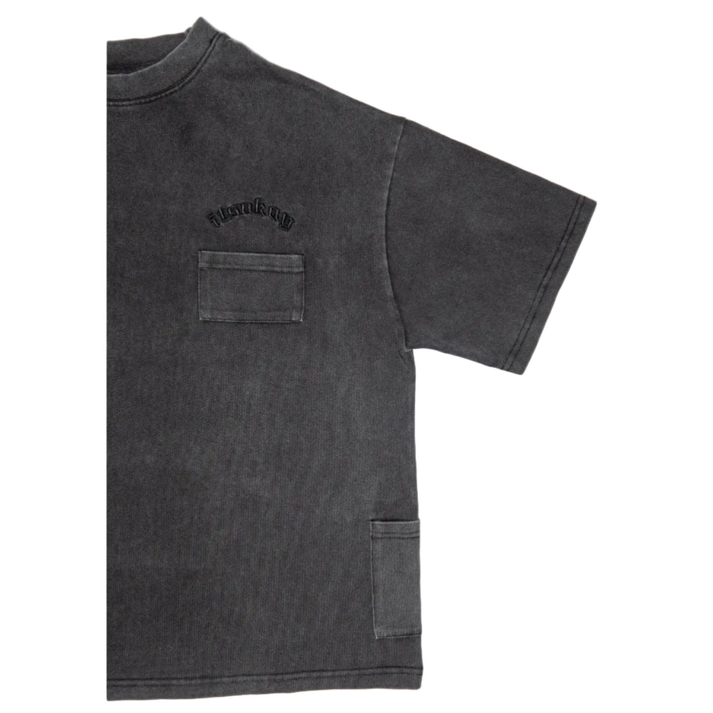 Black t-shirt with a pocket and branding on a white background (Branding Itsokay)