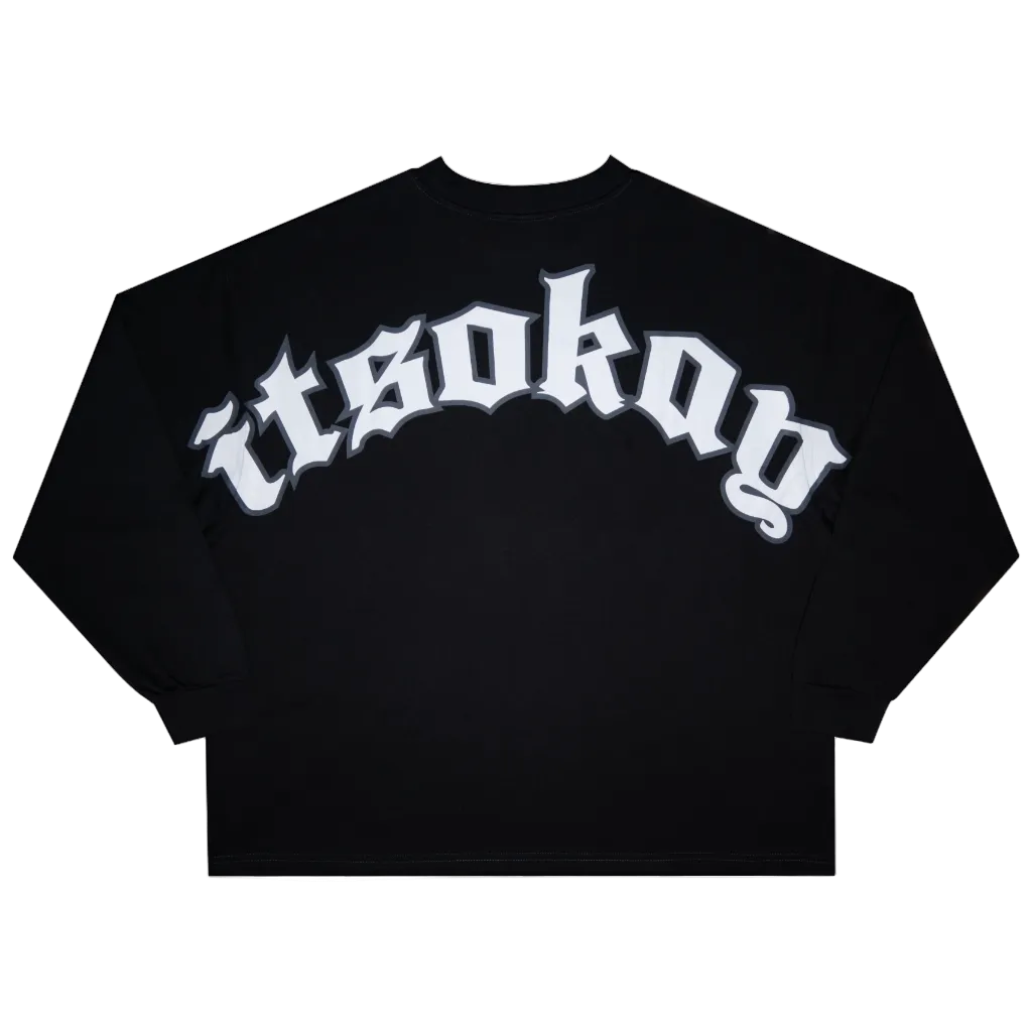 Black sweatshirt with 'it's okay' text in white on a white background