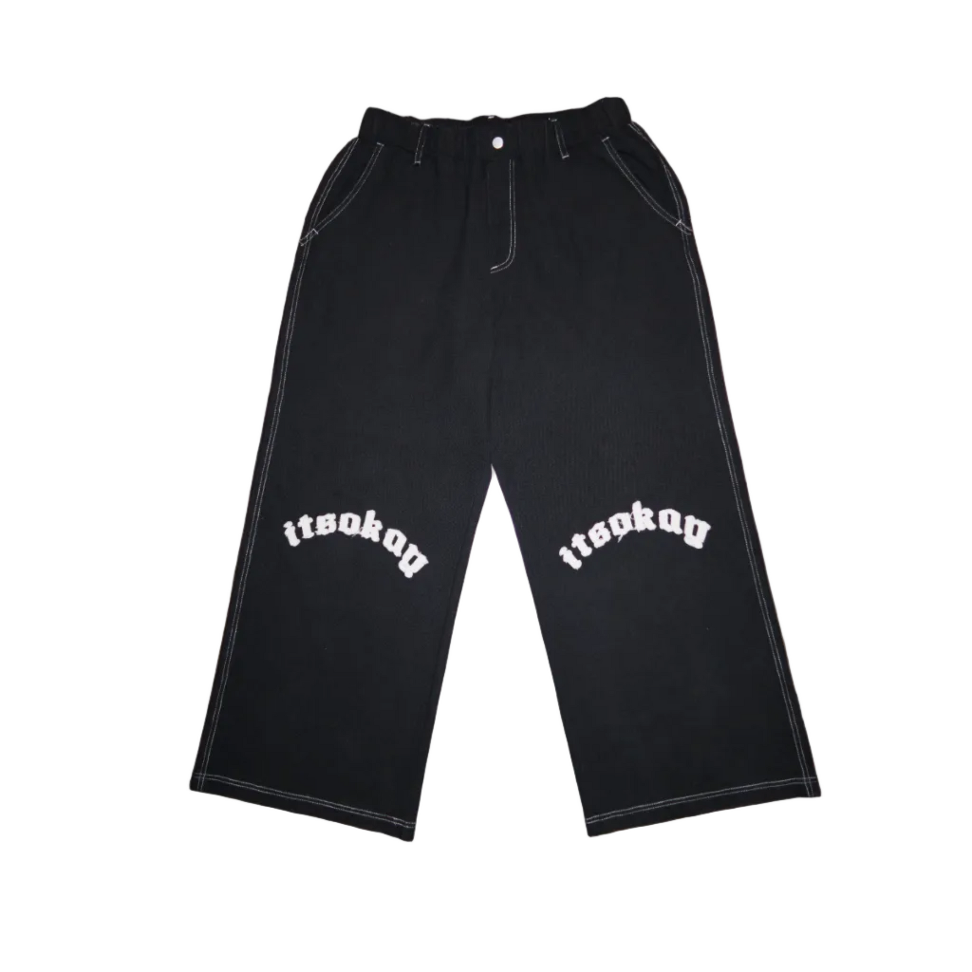 Black pants with 'itsokay' text on a white background