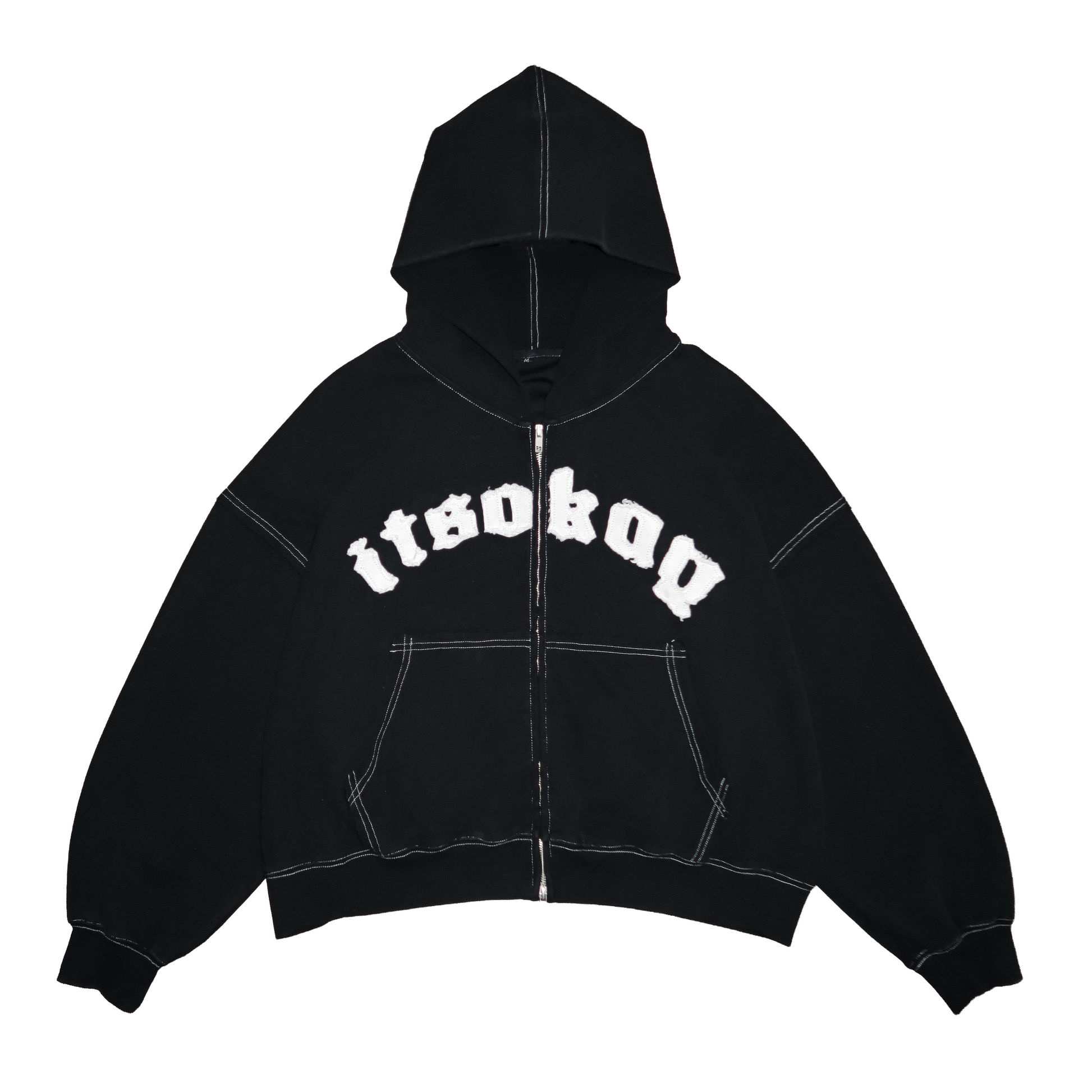 Black hoodie with 'it's okay' text on a white background