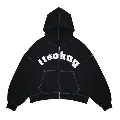 Black hoodie with 'it's okay' text on a white background